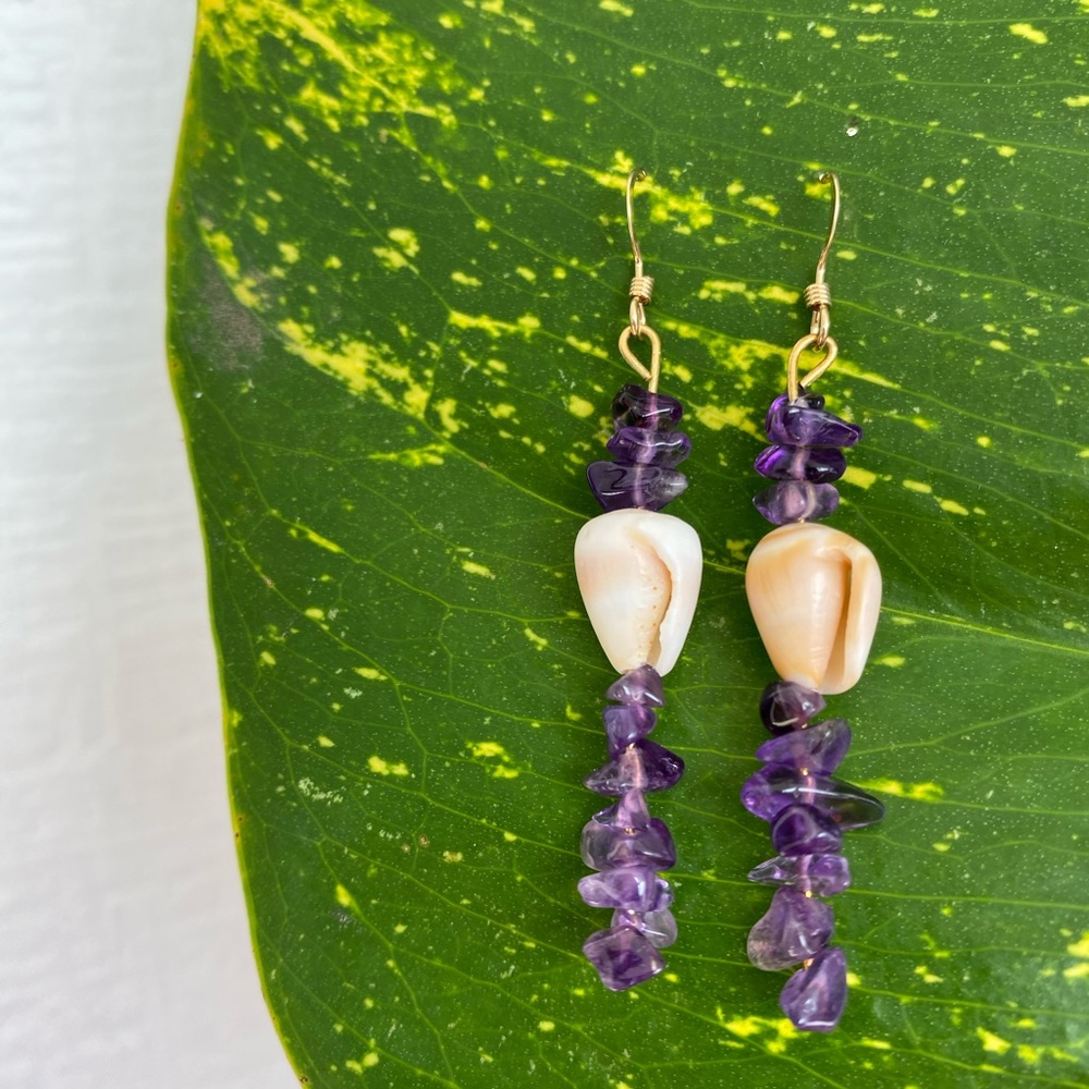14KGoldFilled Real Seashell🐚Amethyst Gem Earrings